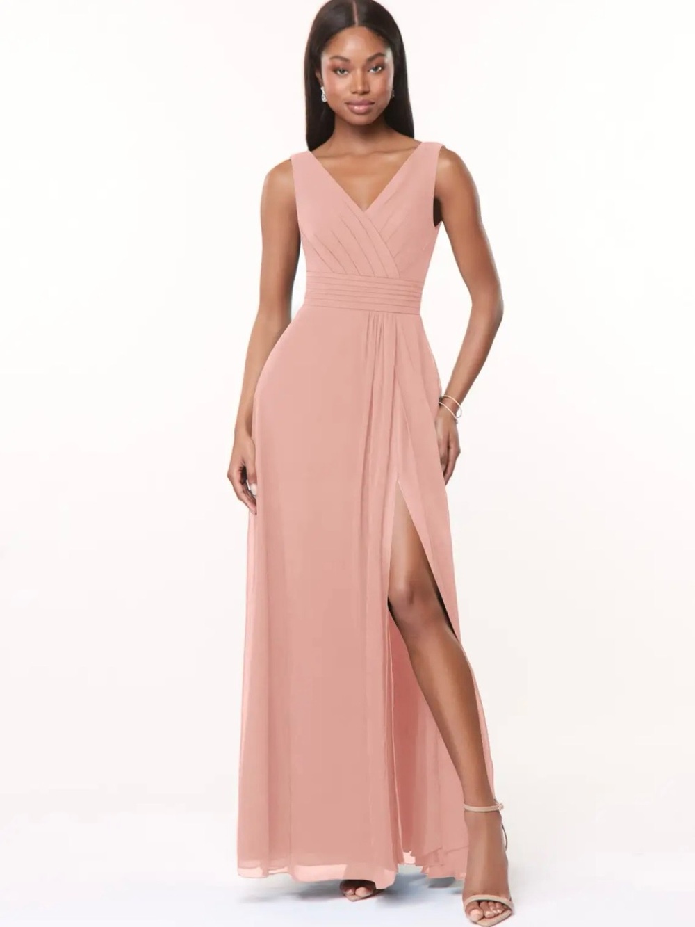 Azazie Blush Pink V-Neck Maxi Dress with Side Slit Size 6 Wedding Bridesmaid